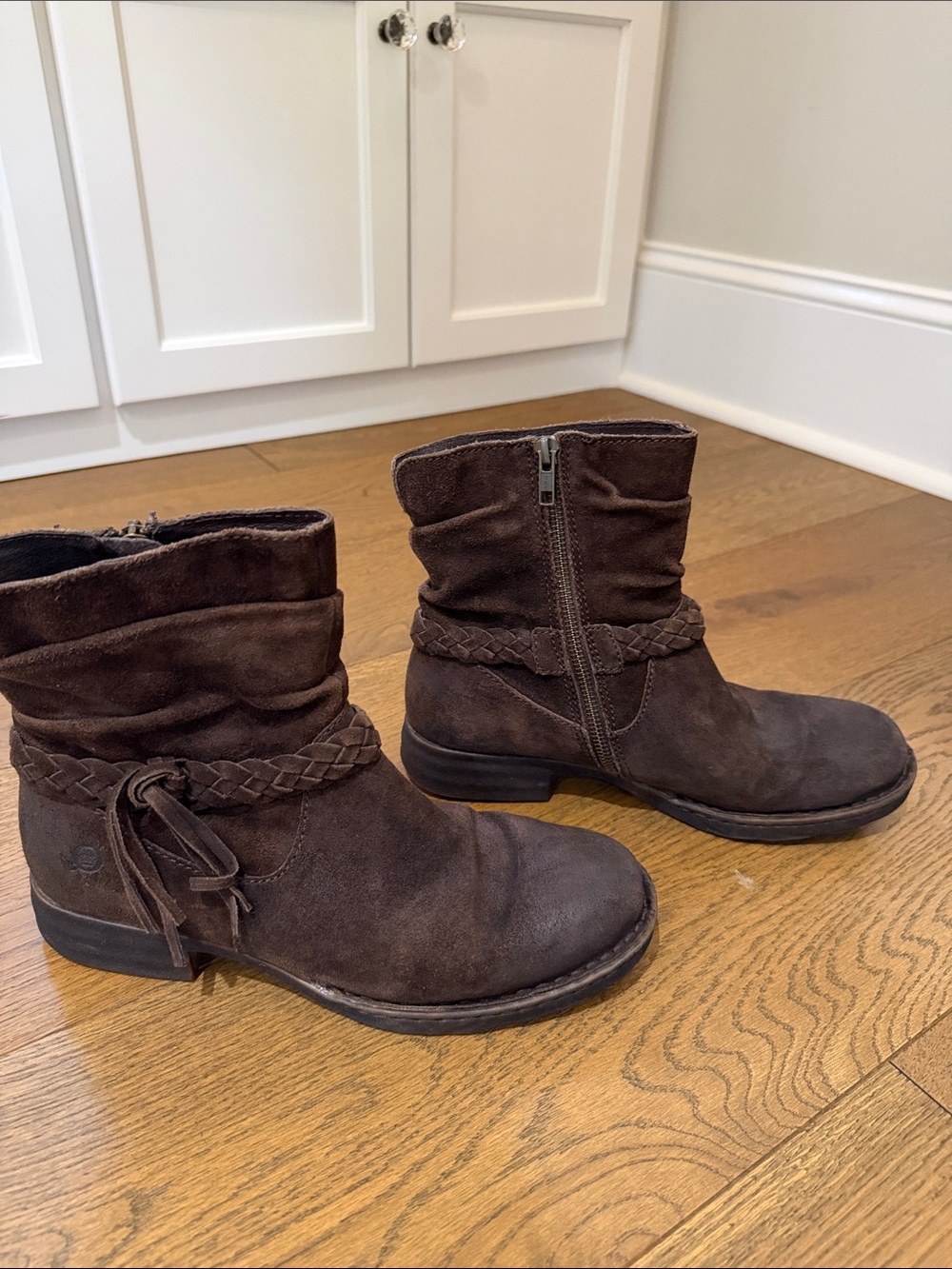 Born Kids Dark Brown Suede Braided Ankle Boots - Picture 4 of 9